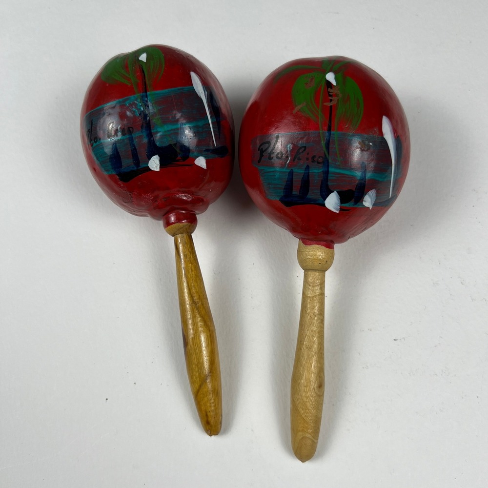 Vintage Maracas Red Puerto Rico Hand Painted Souvenir Folk Art Dance Latin Afro